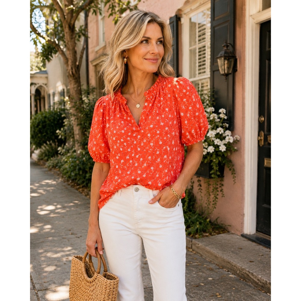 Talbots Petite LP Blouse Orange Floral Puff Sleeve Ruffle Cottagecore Cotton Top